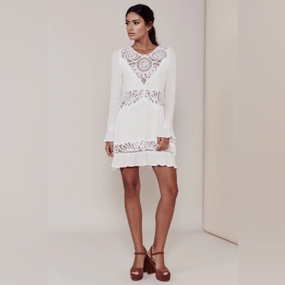 For Love and Lemons Valentina Mini Dress Lace Flare Sleeve Lace Crochet White - Picture 7 of 16